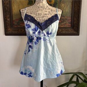 Y2K Floral Satin Camisole Top with Lace Trim - Blue